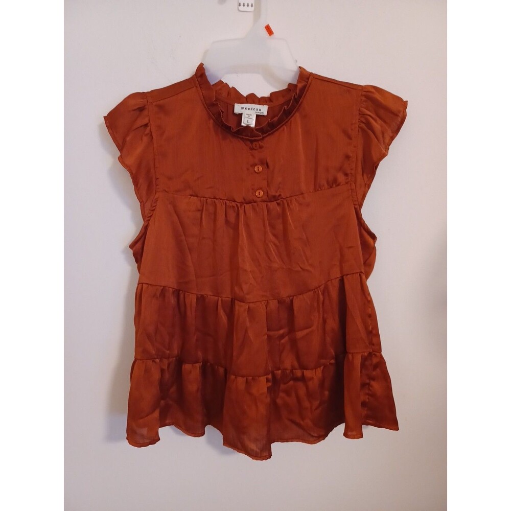 Monteau LA Babydoll Satin Top L Fire Brown Tiered Coquette Romantic Ruffled Y2k